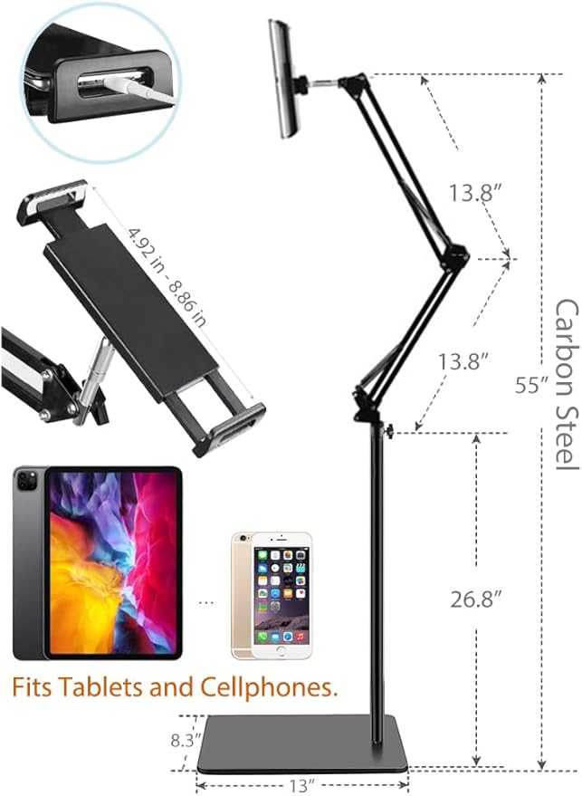 Tablet Floor Stand with Double Weight Base, Overhead Bed Phone Mount Height