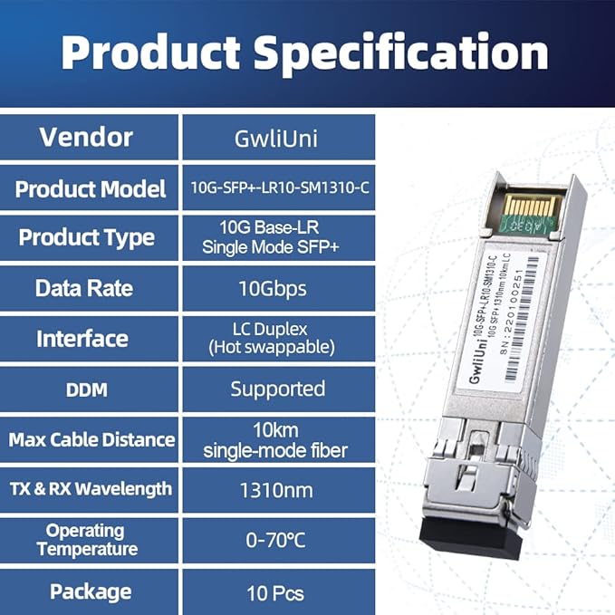 10Pcs Single Mode 10G SFP+ Fiber Module Network Transceiver, LR SM1310nm 10km