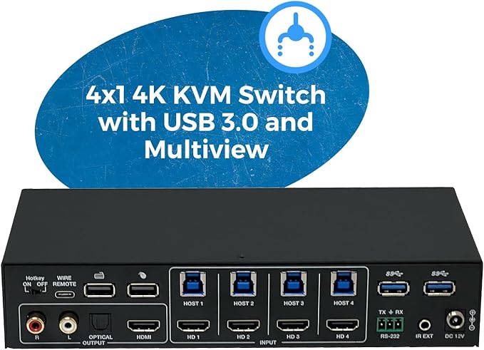 OREI 4x1 KVM HDMI Seamless Switch Multiviewer, Share Multiple Devices, Gaming