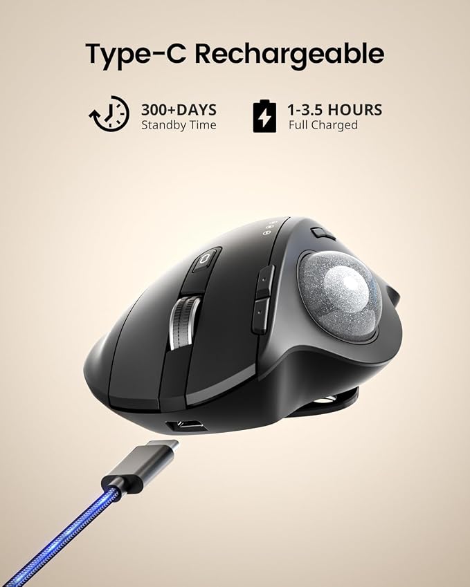 ProtoArc Wireless Trackball Mouse, EM01 NL Ergonomic Bluetooth Rollerball Thumb