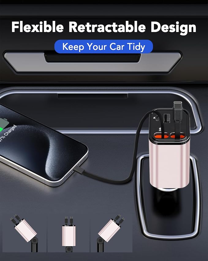 Retractable Car Charger, 4 in 1 Fast Car Phone Charger 69W, 2 Retractable