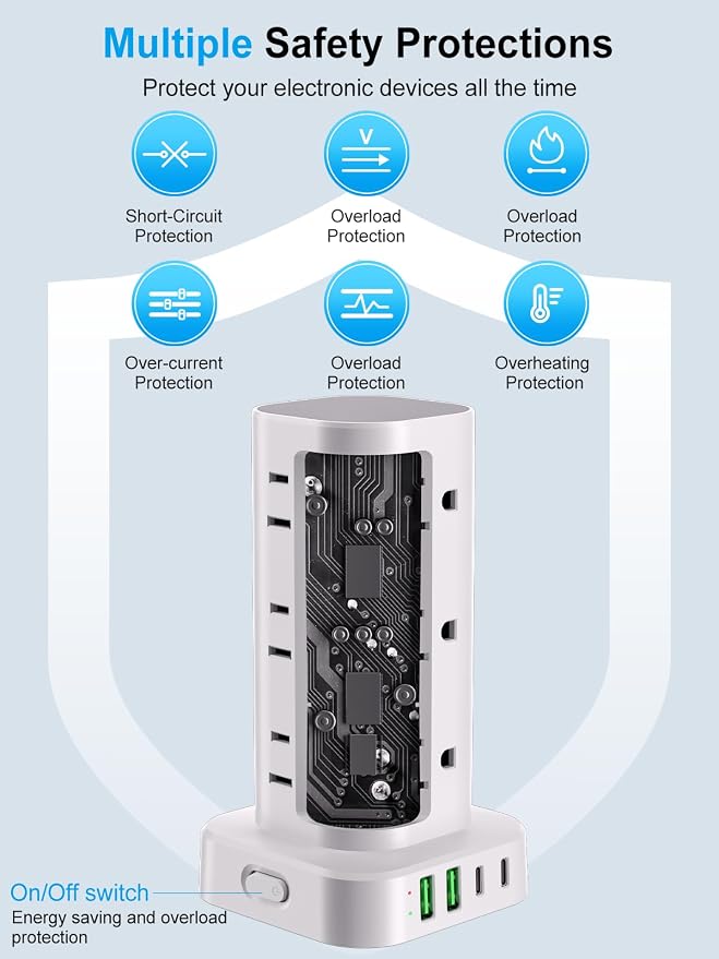 Power Strip Tower with Multiple Outlets, Flat Plug Surge Protector Tower