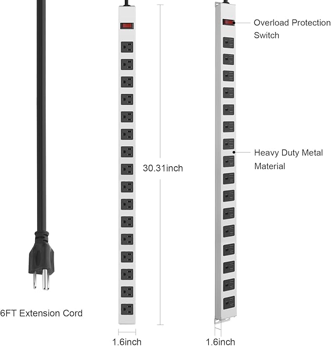 JUNNUJ Metal 16 Outlet Power Strip, Mountable Heavy Duty Power Strip, 1200J