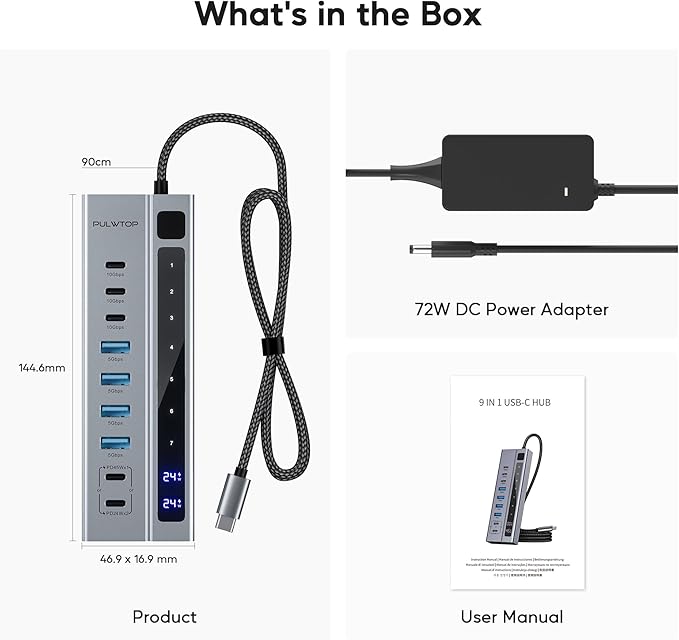 Powered USB C Hub, PULWTOP 9-in-1 USB-Hub suppprt 10Gbps & PD 45W Max Charging
