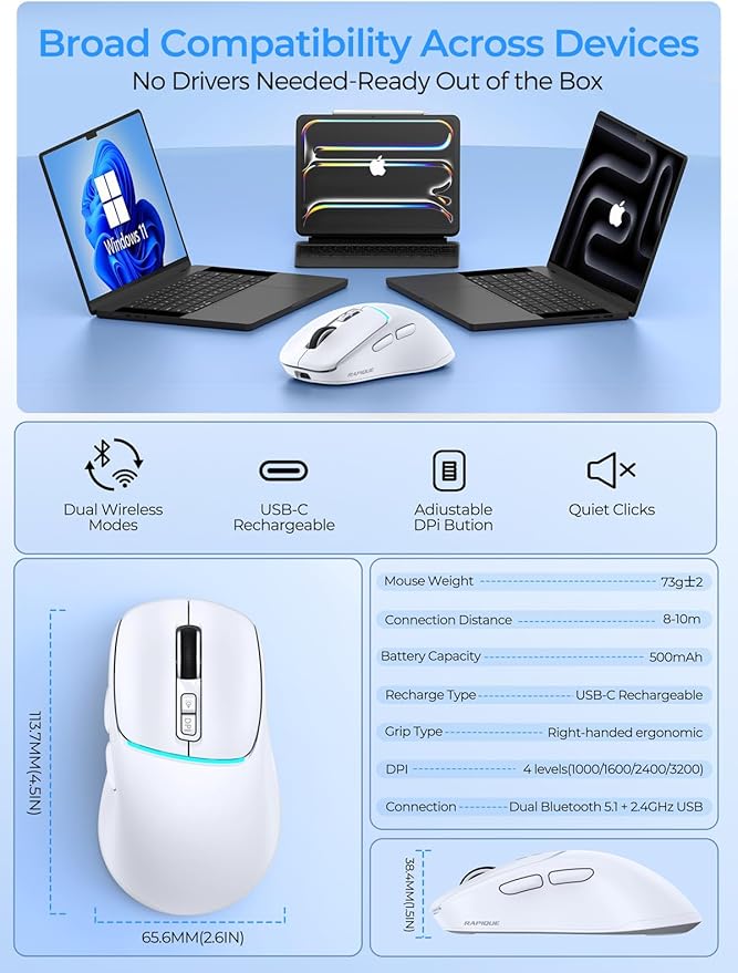 R108 Wireless Bluetooth Mouse – Dual Bluetooth & 2.4GHz USB Receiver, 4 DPI