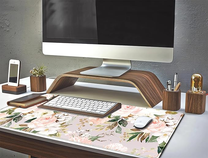 Pink Flowers Keyboard Pad PC Gaming Desk Mat Desk Mouse Pads Green Leaves
