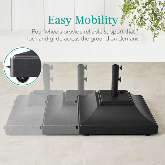 Best Choice Products Fillable Mobile Umbrella Base, Heavy Duty Base, Square Tiered Market Stand for Patio, Deck, Outdoor w/ 4 Wheels, 2 Locks, 2 Knobs, 120lb Capacity - Black