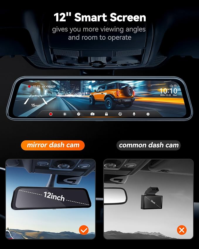 WOLFBOX G840S 12" 4K Mirror Dash Cam Backup Camera, 5.8GHz WiFi Smart Rearview