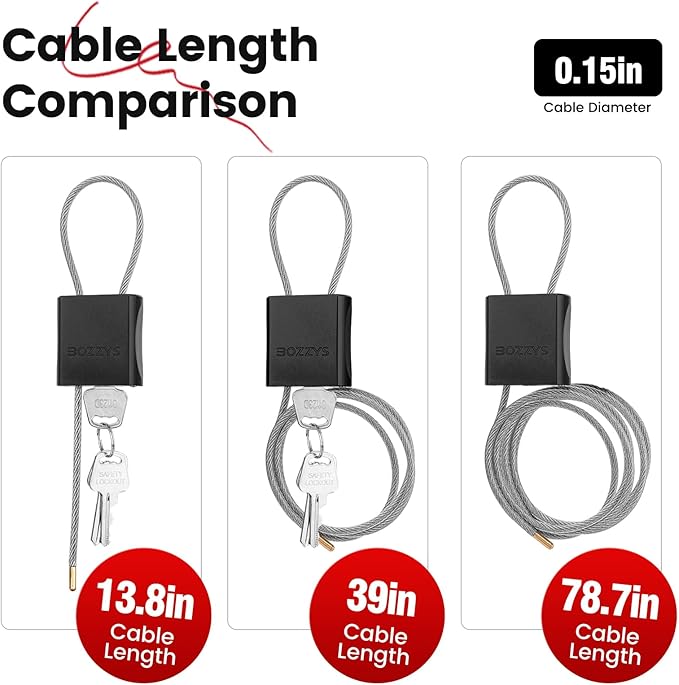 Cable Lock with 3 Keys | L 6.56ft, D 1/6in Adjustable Steel Cable Padlock |