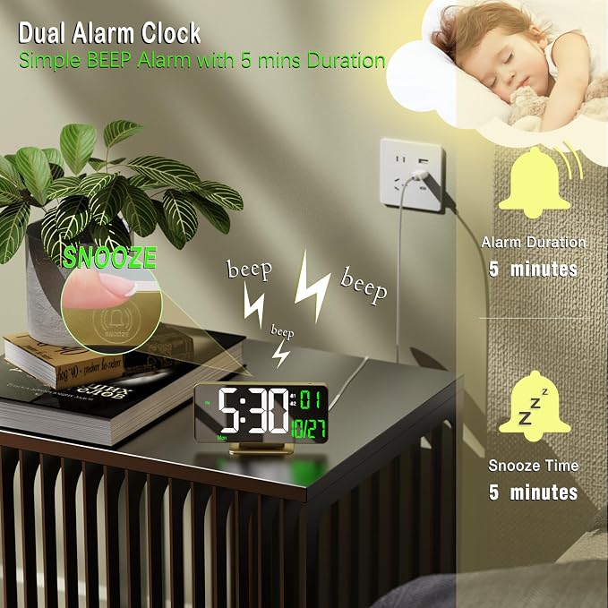 KOSUMOSU Desk Clock for Bedroom Accessories 6.7in Gold Digital Alarm Clock