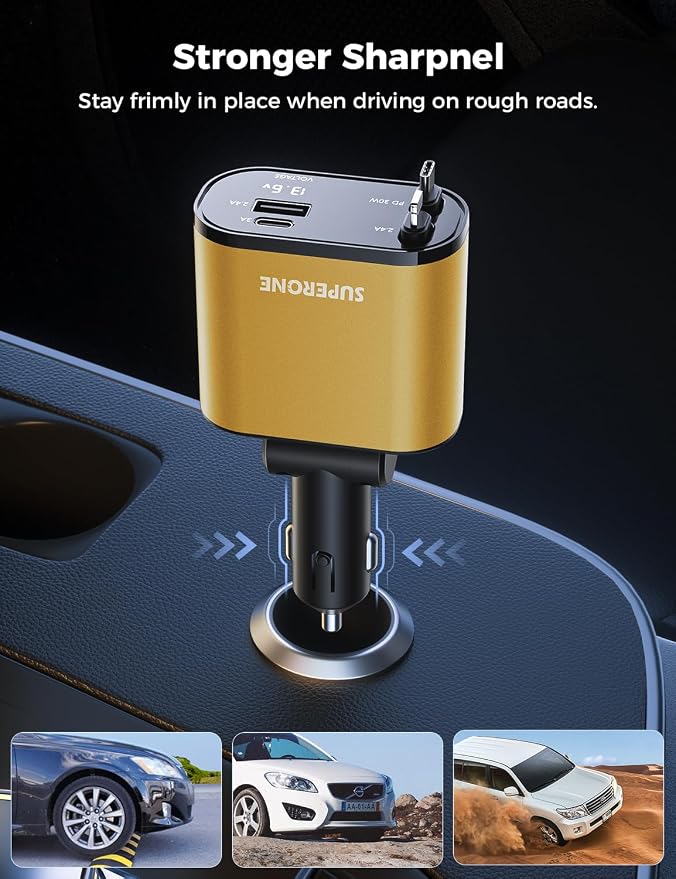 【Upgraded】 SUPERONE Retractable Car Charger 4 in 1, Fast Car Phone Charger