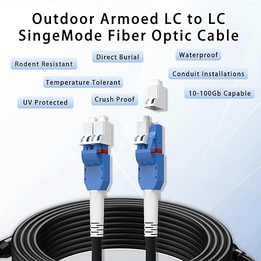 3M/10FT LC to LC Armored Outdoor Fiber Optic Cable, Single Mode Duplex 9/125μm