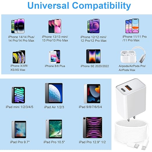 USB C Wall Charger, Dual Port 10FT iPhone Charger 20W PD+QC3.0 Power Adapter