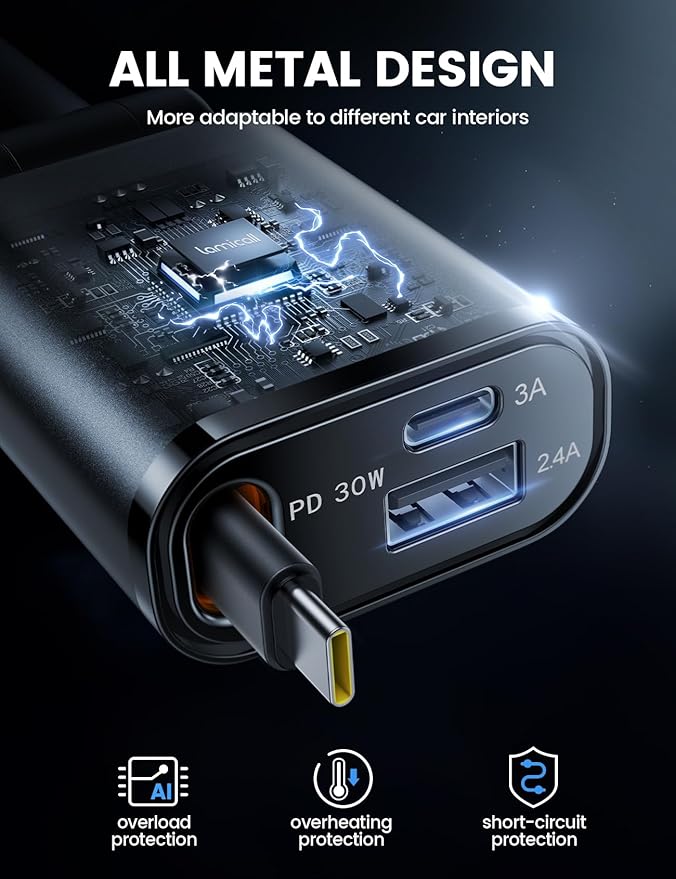 Lamicall Retractable Car Charger USB C Fast Charging 57W Type C Car Phone