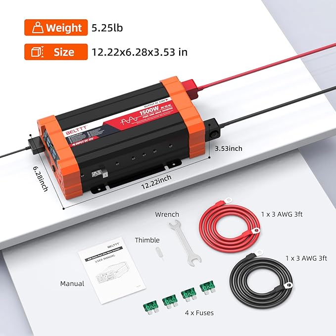 BELTTT 1500W Pure Sine Wave Inverter 12V to 120V AC, Car Power Inverter 12V to