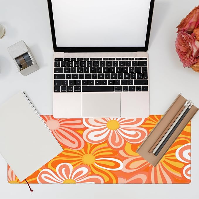 Desk Pad - Hippie Vintage Orange Flowers Desk Mat, Retro Floral Large Gaming