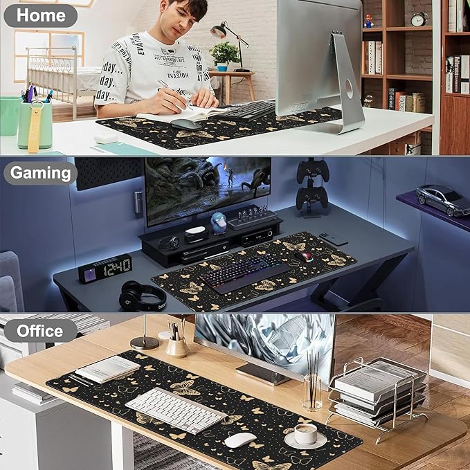 Golden Butterflies Desk Mat, Large Butterfly and Round Spots Gaming Keyboard
