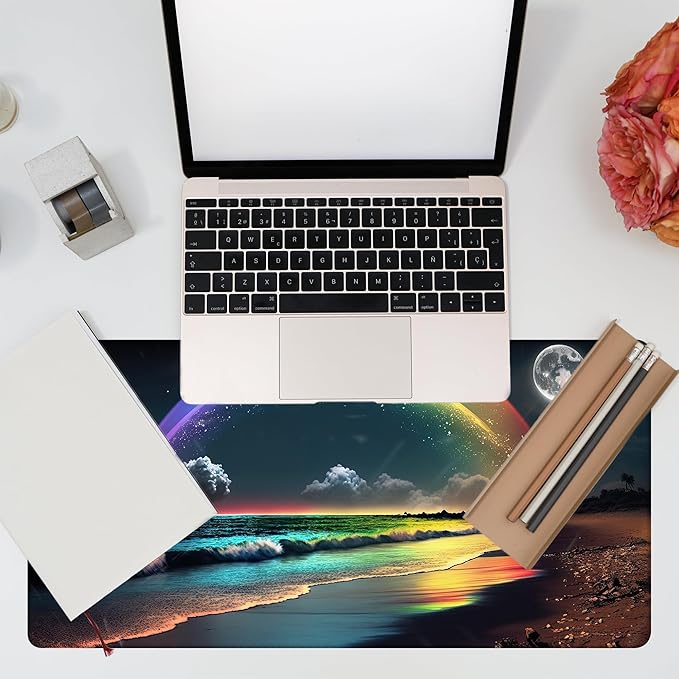 Desk Mat, Rainbow and Full Moon Desk Pad, Beach at Night Large Gaming Mouse Pad