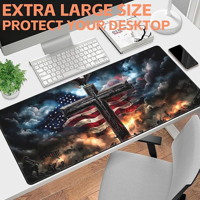Mouse Pad Large A Cross with an Eagle Non-Slip Game Desk Mat with Stitched Edge