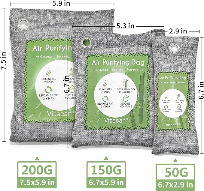 12 Pack Bamboo Air Purifying Bag, Activated Charcoal Bags Odor Absorber