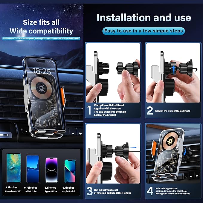 Car Phone Holder Charger Wireless Cell Phone Car Mount - 15W Fast Charging