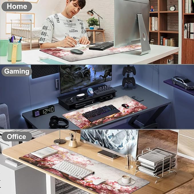 Mouse Pad, Large Blooming Sakura Desk Mat, Extended Non-Slip Gaming Keyboard