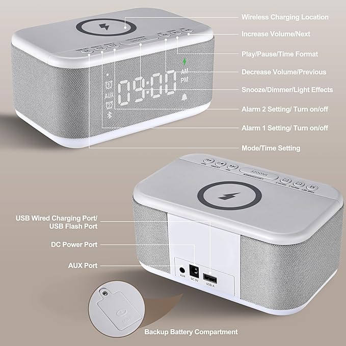 Alarm Clock Speaker Wireless Charger, Digital Alarm Clocks Bedrooms Bluetooth