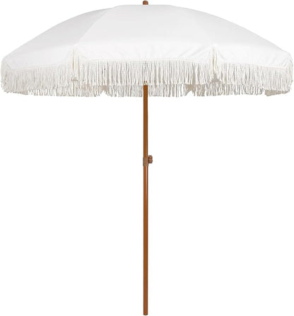AMMSUN 7ft Patio Umbrella with Fringe Outdoor Tassel Umbrella UPF50+ Premium Steel Pole and Ribs Push Button Tilt, Cream White