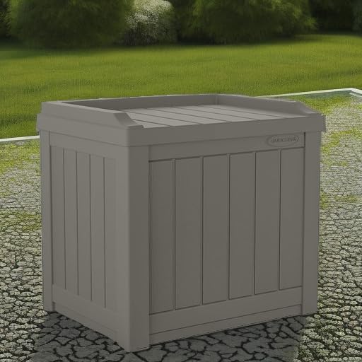 Suncast Outdoor Storage Box - 22 Gallon Stone Gray Resin Outdoor Deck Box with Seat, Weatherproof Patio Storage Bin Container for Keeping Cushions, Tools, & Towels for Pool, Yard, & Garden