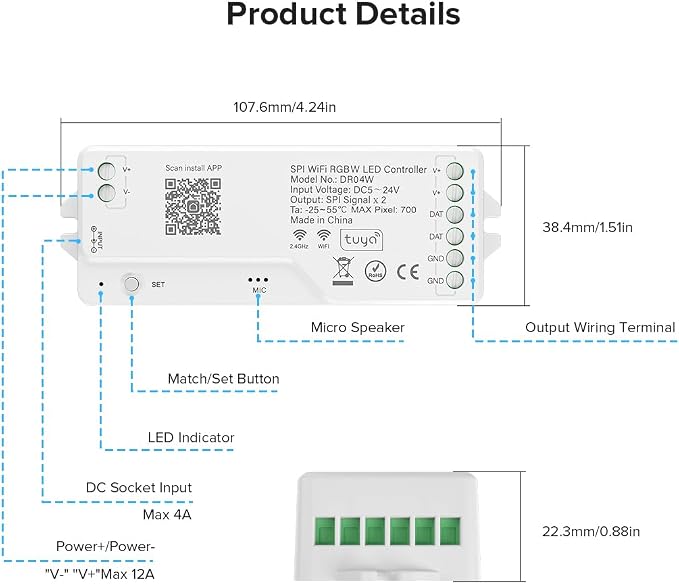 2.4G WiFi SPI RGBW LED Controller DR04W, Smart Life/Tuya App, Alexa & Google