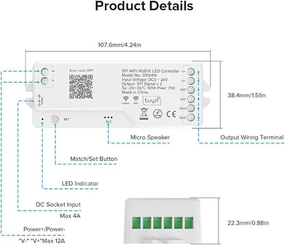 2.4G WiFi SPI RGBW LED Controller DR04W, Smart Life/Tuya App, Alexa & Google