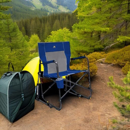 GCI OUTDOOR Freestyle Rocker Camping Chair | Portable Folding Rocking Chair with Solid, Durable Armrests, Drink Holder & Comfortable Backrest — Royal Blue