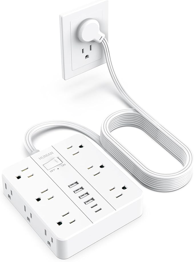 Surge Protector Power Strip 15 Ft Cord, HUNIAN Flat Plug Extension Cord