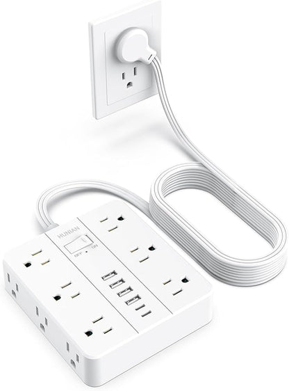 Surge Protector Power Strip 15 Ft Cord, HUNIAN Flat Plug Extension Cord