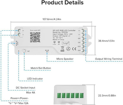 WiFi RGB IC LED Controller DR03W, Control by Smart Life/Tuya APP/Alexa/Google