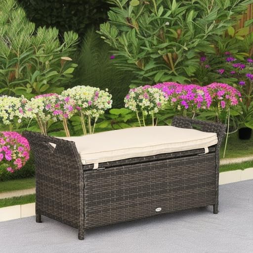 Outsunny 29 Gallon Patio Wicker Storage Bench, Outdoor PE Rattan Patio Furniture, 2-in-1 Large Capacity Rectangle Garden Storage Box with Handles and Cushion, Cream White