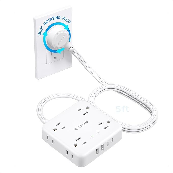TROND 360° Rotating Plug Power Strip, 5FT Flat Extension Cord