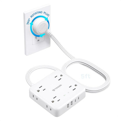 TROND 360° Rotating Plug Power Strip, 5FT Flat Extension Cord