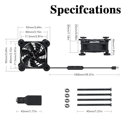 Quiet 80mm Fan with 10 Speed USB 5V DC 12V IPX5 Waterproof Cooling Fan
