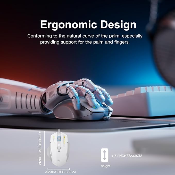 Wired Mouse, 4 Levels Adjustable DPI, 6 Programmable Buttons, Ergonomic