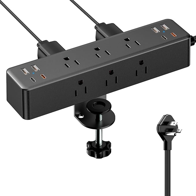 Flat Plug Desk Clamp Power Strip 10FT, 40W Total Fast Charging Station