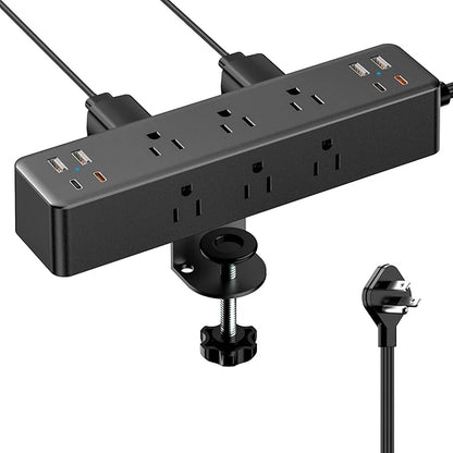 Flat Plug Desk Clamp Power Strip 10FT, 40W Total Fast Charging Station