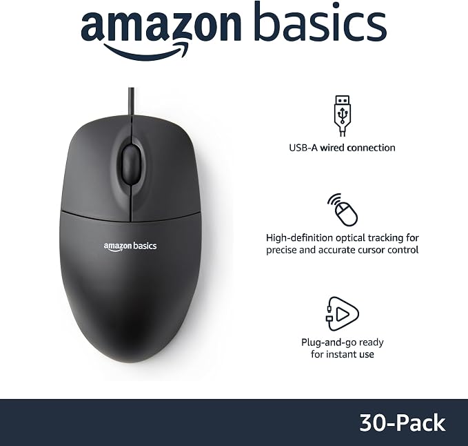 Amazon Basics 3-Button Wired USB Computer Mouse