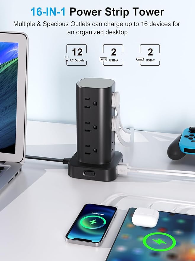 Power Strip Tower with Multiple Outlets, Flat Plug Surge Protector Tower