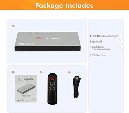 J-Tech Digital HDMI Switch 4K 120hz, 2.1 Switch 4 in 1 Out, 8K 60Hz 1080P 240Hz