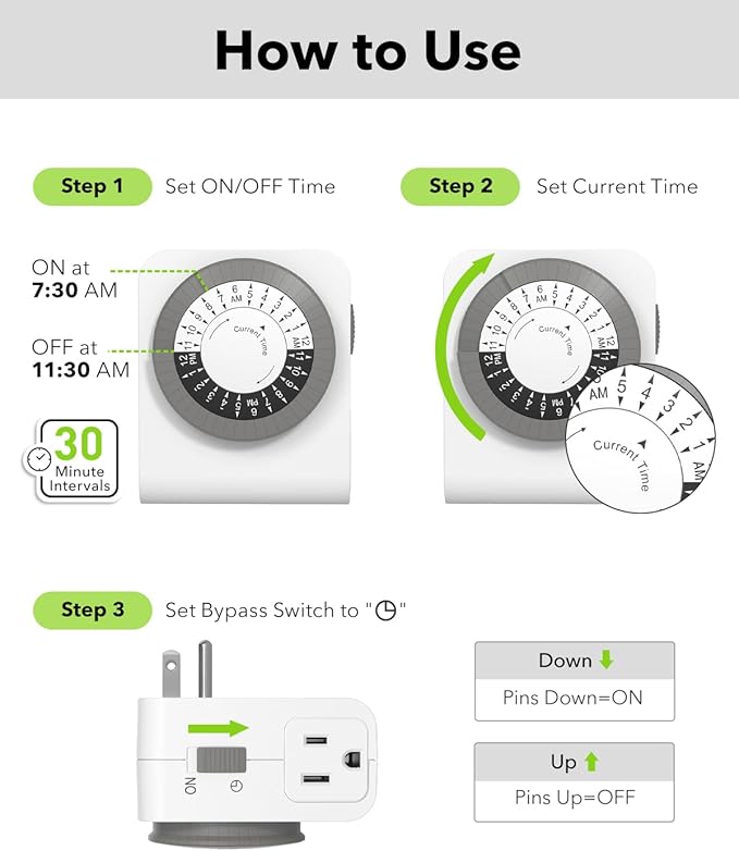BN-LINK Timer Outlet with 2 Grounded Outlets, Mechanical Light Timers