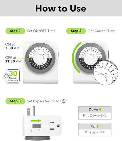 BN-LINK Timer Outlet with 2 Grounded Outlets, Mechanical Light Timers