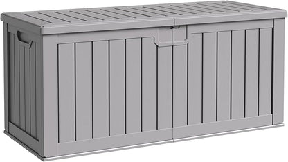 Flamaker Resin Deck Box 250 Gallon, Waterproof Imitation-Wood Lockable Storage Box with Separator Plate Outdoor Indoor, Garden, Patio Furniture for Tools&Pool Accessories (Gray)