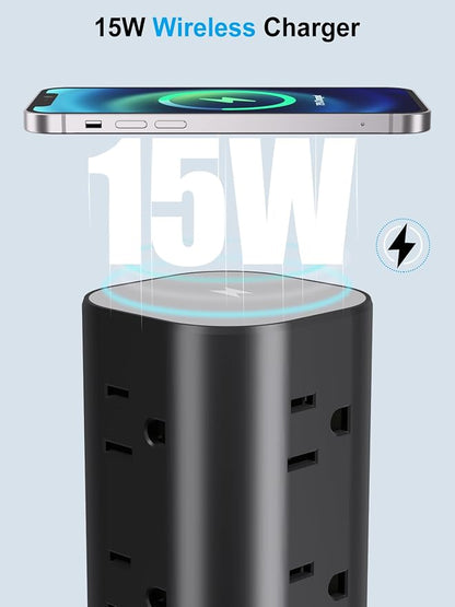 Power Strip Tower with Wireless Charger, Flat Plug Surge Protector Tower with
