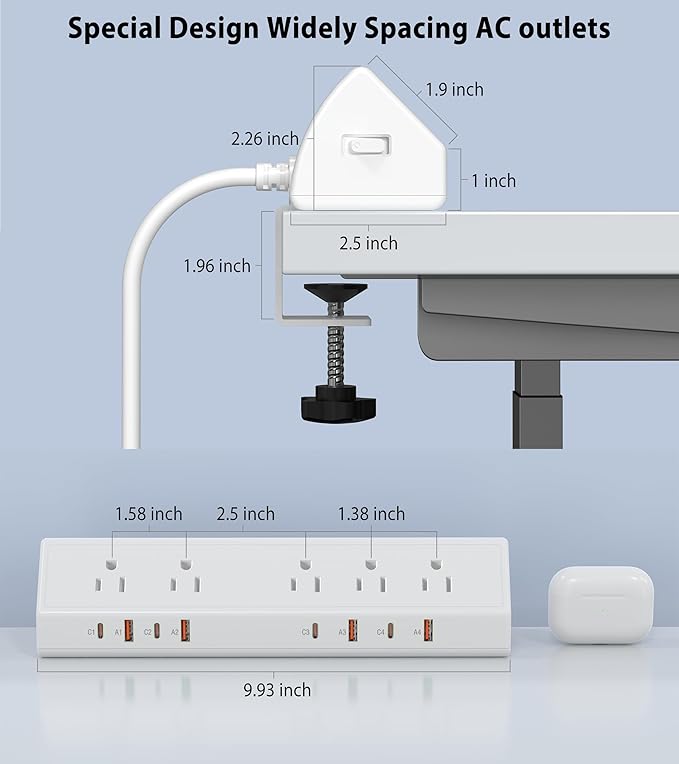 Desk Clamp Power Strip 65W Fast Charging Station, 4 PD USB-C, 5 Outlets
